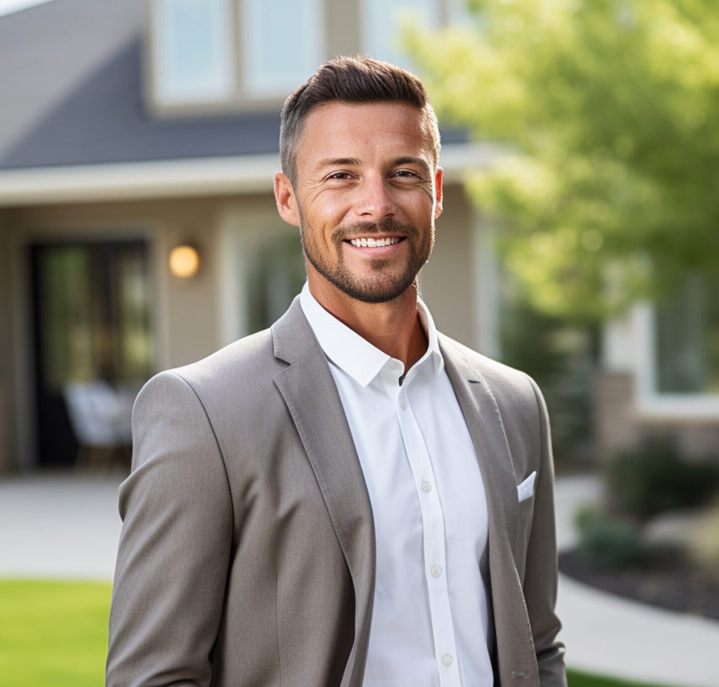 A friendly home security professional smiling in front of a modern house | HOME SECURITY INSTALLATIONS