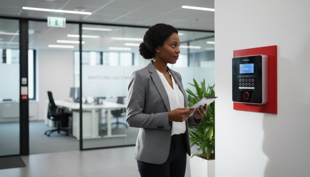 A professional woman near a secure access point.
