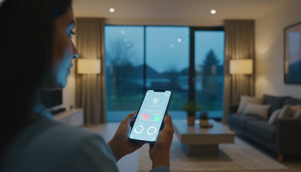 Woman controlling smart home with phone