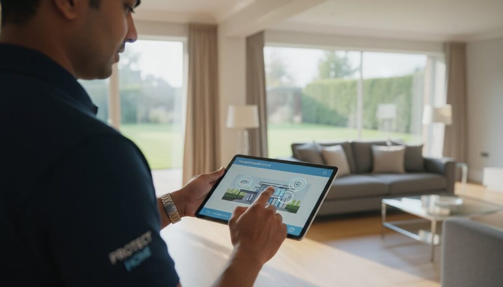 Man using tablet for home security